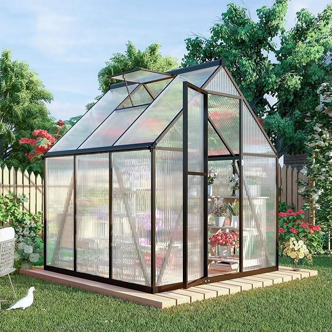6 x 6 FT Greenhouse for Outdoors, Polycarbonate Greenhouse with Quick Setup Structure and Roof Vent, Aluminum Large Walk-in Green House for Outside Garden Backyard, Charcoal Black