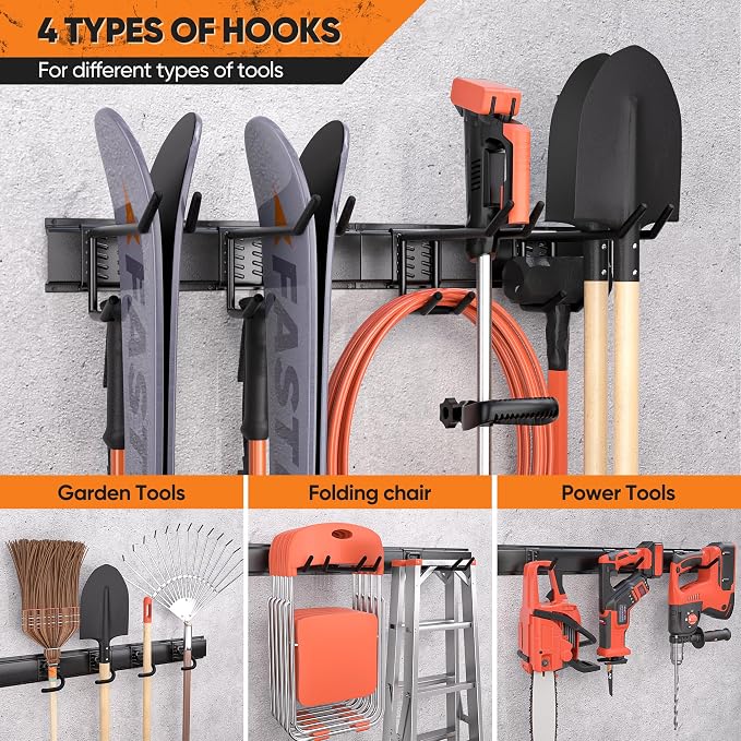 Garden Tool Organizer Wall Mount, 48 inches Tool Storage Rack with Adjustable Hooks, 600lbs Adjustable Heavy Duty Metal Hooks, Yard Shed Rack Holder System Hanging Rake Broom Mop, Father's day gifts