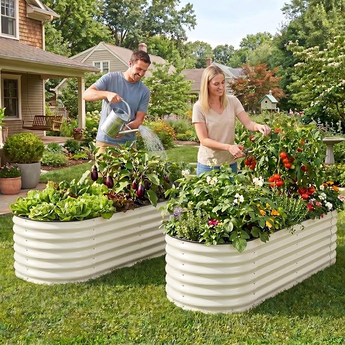 2 Pack 5x2ft Raised Garden Bed for Outdoor Gardening, 17" Tall Planter Raised Beds, 4 in 1 Galvanized Raised Garden Bed for Deep Root Vegetables Flowers Herbs - White