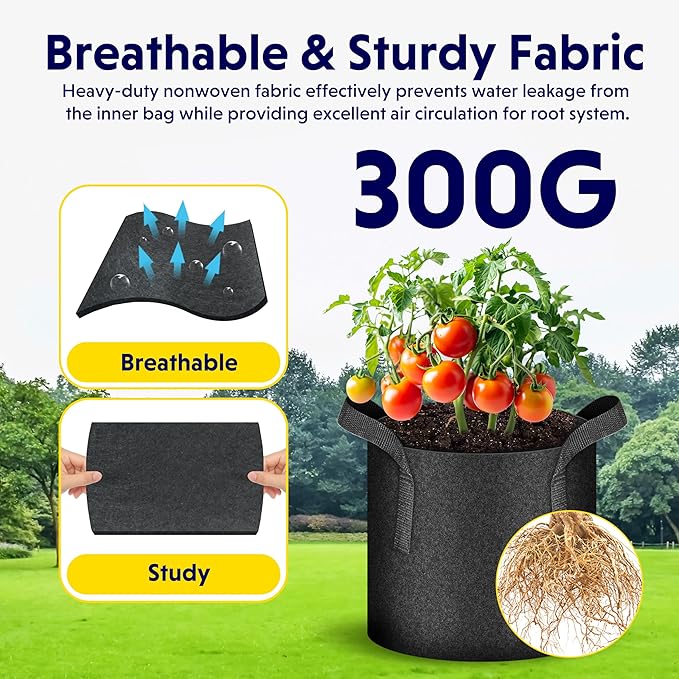 iPower 10-Pack 5 Gallon Thickened Grow Bags Nonwoven Fabric Pots Aeration Container with Strap Handles for Garden and Planting, Black
