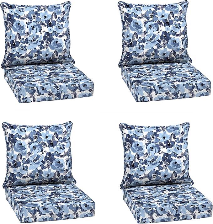 Arden Outdoor Deep Seat Cushion Set (4-Pack), 24 in x 24 in, Weather-Proof, Rain-Proof, Fade Resistant Patio Cushion for Chair, Sofa, and Couch Blue Garden Floral