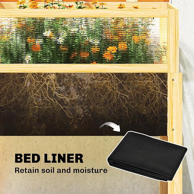 Outsunny Wooden Raised Garden Bed with Flip-Up Greenhouse Top, Raised Garden Bed with Legs and Bed Liner, Elevated Planter Box for Flowers, Vegetables, Herbs, Natural