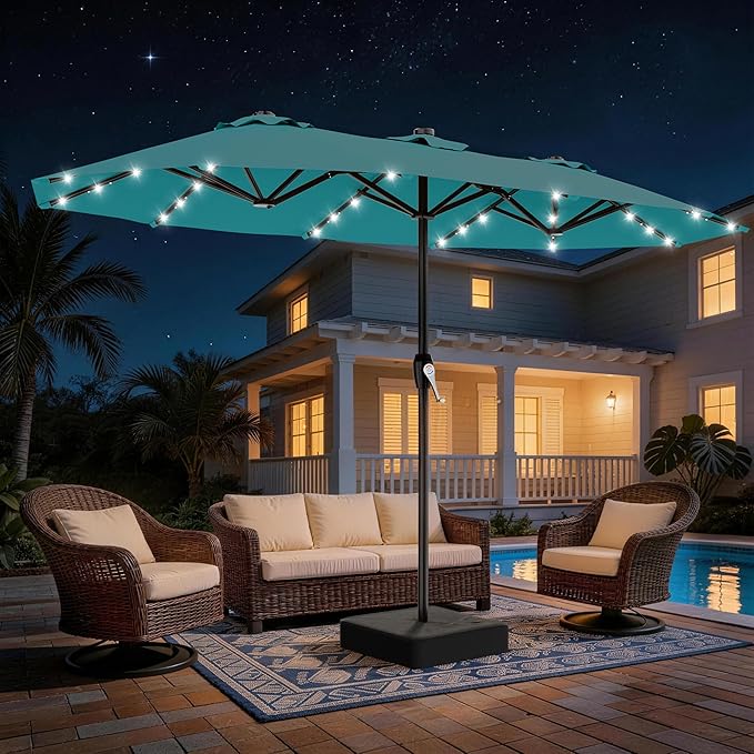 AreShark 15FT Patio Umbrella with Solar Lights, Double Sided Outdoor Table Umbrellas with Crank, Large Rectangular Market Umbrella for Porch, Lawn, Pool, Backyard, Lake Blue