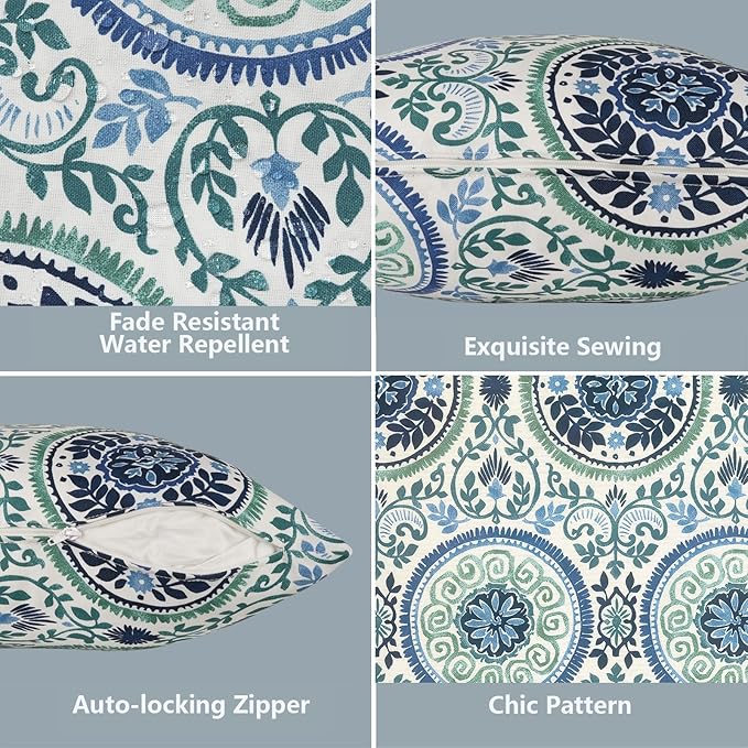 LVTXIII 2 Pack Outdoor Throw Pillow Covers for Patio Furniture, 16x16 Inch Square Pillow Case, Water-Repellent Cushion Covers for Garden, Porch, Sofa, Coastal Medallion