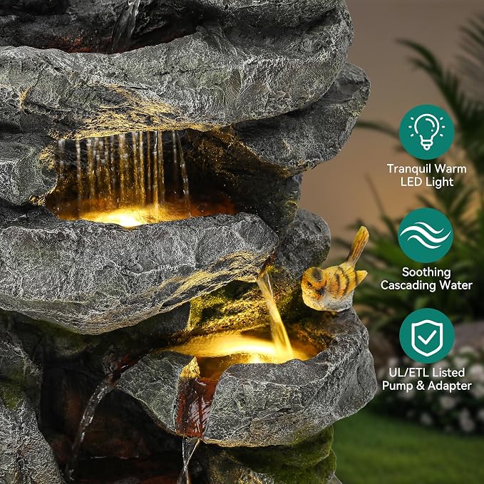 AUTODAYA 31.5" H Multi-Tier Rock Outdoor Water Fountain with LED Lights and Pump, Garden Fountain Waterfall for Patio, Porch, or Yard