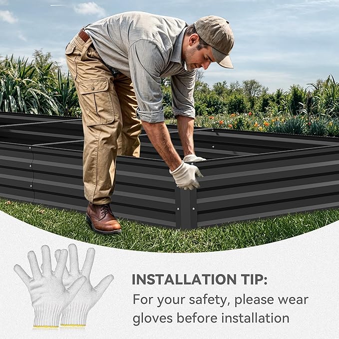DWVO 2pcs 12 x 4 x 1 FT Raised Garden Bed Kit, Outdoor Galvanized Flower Bed with Safety Rubber and Gloves, Large Metal Planter Box for Vegetables, Flowers, Herbs, Fruits, Black