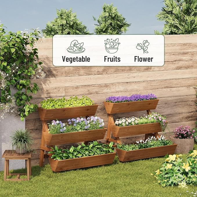 Vertical Wooden Raised Garden Bed, Garden Planters Freestanding Wood Plant Stand Flower Rack Wooden Planter Box for Plants Herbs Flowers Vegetables Outdoor Indoor Gardening (3-Tier Large Brown)