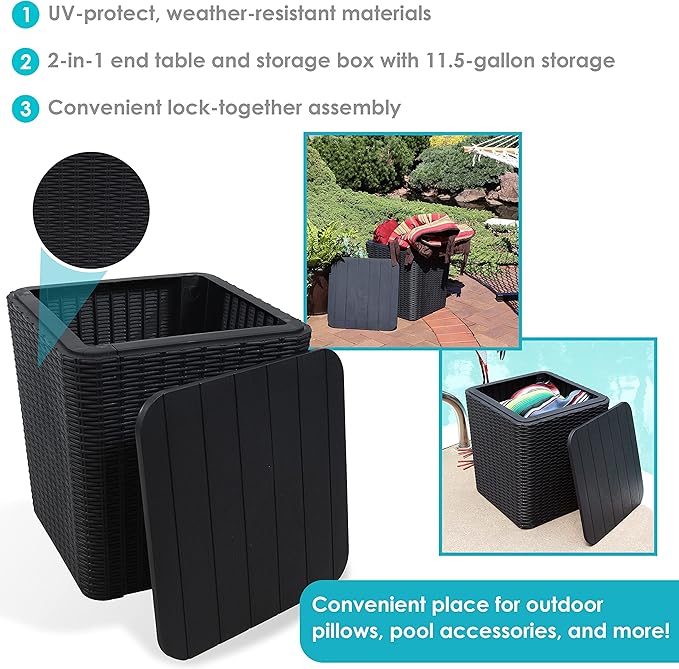 Sunnydaze 11.5-Gallon Outdoor Deck Box - Weather-Resistant Side Table with Storage for Cushions, Garden Tools, Pool Supplies - Phantom Gray - Faux Rattan