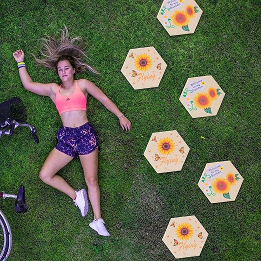 4Pcs Round Sunflower Stepping Stone Outdoor Garden Walkway, Durable Plastic Pavers for Patio, Pathway, and Landscaping, Weatherproof Stepping Stones with Ground Stakes (Hexagon Sunflower)