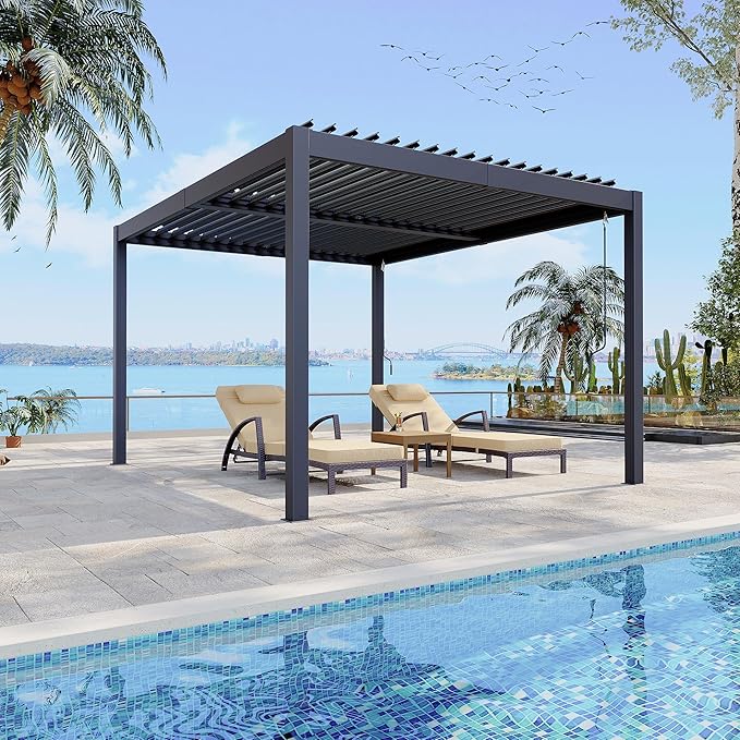 10x12 ft Adjustable Louvered Pergola, Independent Rainproof Roof, Outdoor Aluminum Patio Cover with Hidden Drainage for Garden Deck, Modern Gray