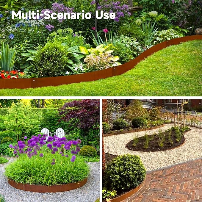 Corten Steel Landscape-40 LX 6" H Metal Garden Edging 20FT Total Rusted Lawn Edging 6 Pcs-No-Dig Hammer Heavy Duty Steel Edging-Bendable Border Strips for Lawn Yard Courtyard Pathway-6 Clips