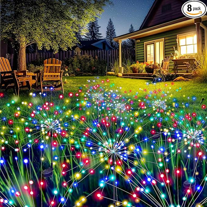 GIGALUMI Garden Decor Outdoor Lights 120LED 8Pack, Solar Garden Lights Outside Fairy Firework Decorative,Solar Powered for Yard Pathway Flowerbed Planter Balcony Patio 4th of July Decor (Multicolar