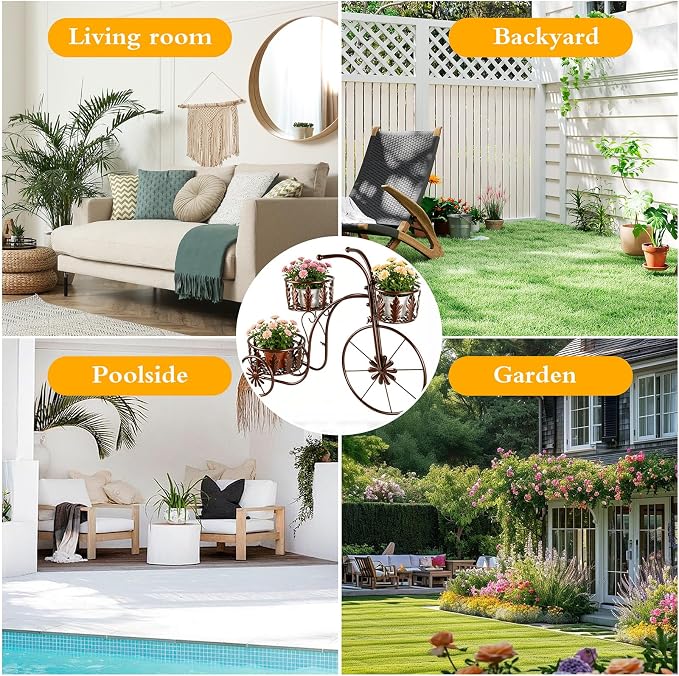 Metal Bicycle Planter Stand, 3 Tier Flower Pot Stand Cart with 3 Plant Buckets, Outdoor Garden Decorative Planter for Yard Patio Lawn Flower Shop Home Decor (Bronze)