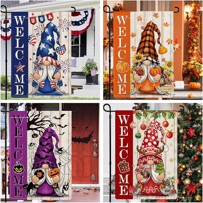 Gnome Garden Flags for Outside Set of 12, Welcome Seasonal Garden Flags 12x18 Double Sided, Gnomes Holiday Lawn Flags, Gnome Winter Spring Outdoor Garden Flag for Yard Farmhouse Decor