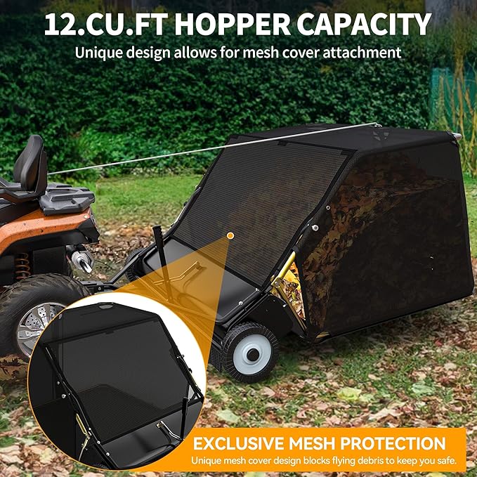 YINTATECH 50in Tow-Behind Lawn Sweeper, Heavy-Duty Garden Sweeper with 25 Cu. ft Hopper Bag, Leaf Grass Collector, Adjustable Brush Height, Anti-Splash Cover, Dumping Rope for Yard Lawn