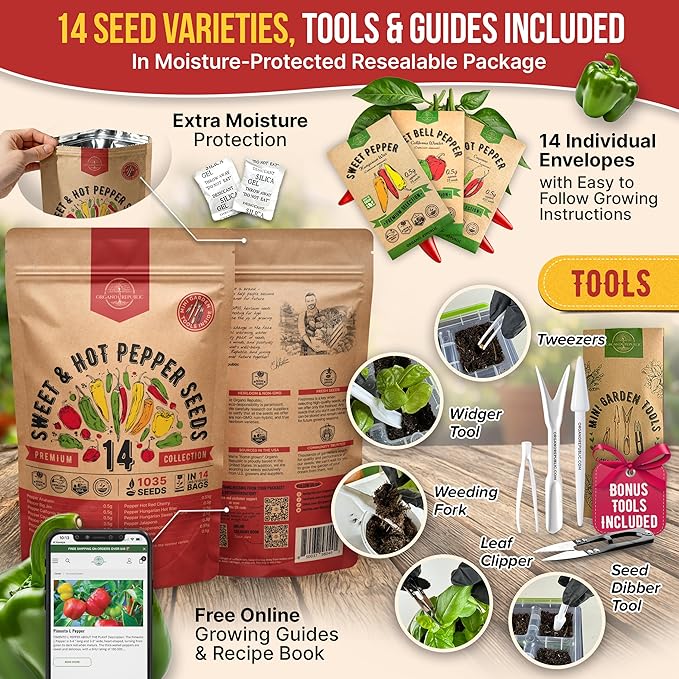 Organo Republic 14 Sweet & Hot Peppers Seeds Variety Pack - 1,030+ Non-GMO Heirloom Pepper Seeds for Outdoor and Indoor Home Gardening, Including Pepper Cayenne, Habanero, Jalapeno, Poblano, Serrano