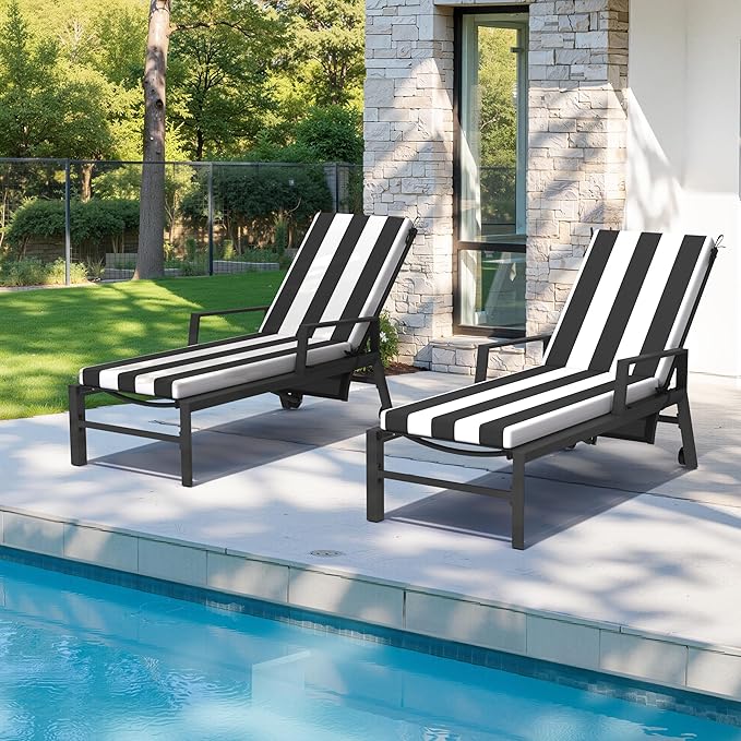 Crestlive Outdoor Chaise Lounge Cushions, 3 Years Fade Resistant Water Resistant Lounge Chair Cushion, 80''L x 23''W, Set of 2, Black Cabana Stripe