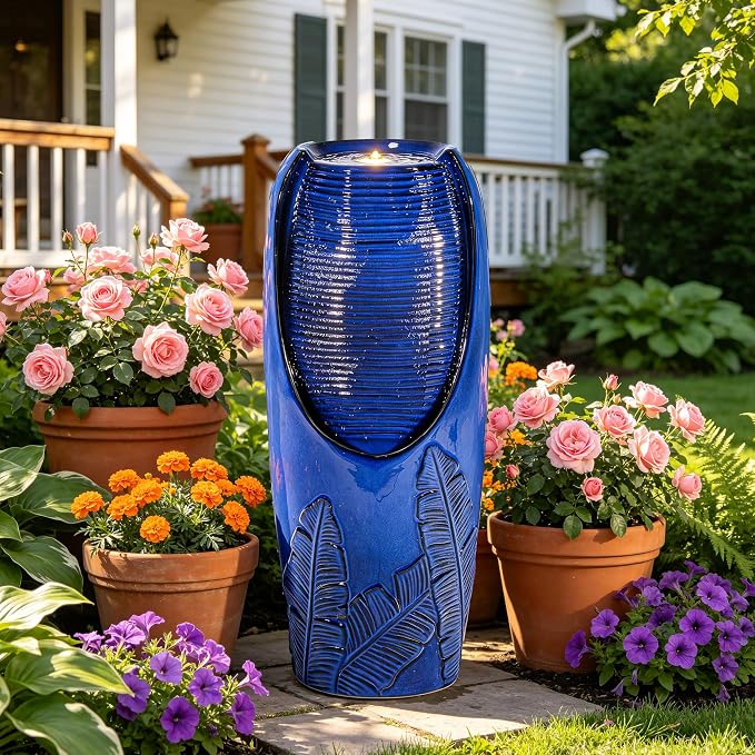AUTODAYA 33" Tall Outdoor Garden Fountain with LED Lights, Modern Ceramic Jar Water Fountain, 3D Tropical Leaf Pattern, Cobalt Blue Glaze, Soothing Cascading Waterfall for Relaxing Patio, Yard, Porch