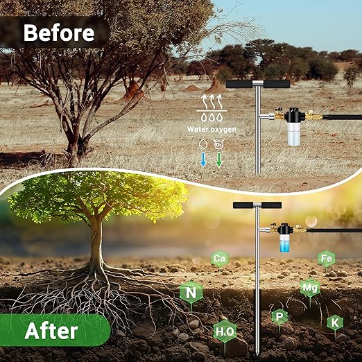Deep Root Watering Tool for Trees Watering Spike with Fertilizer Bottle | Stainless Steel Root Feeder for Trees Irrigation System for Outdoor Garden, Plant & Shrubs Growth with Brass Valve | T-Handle