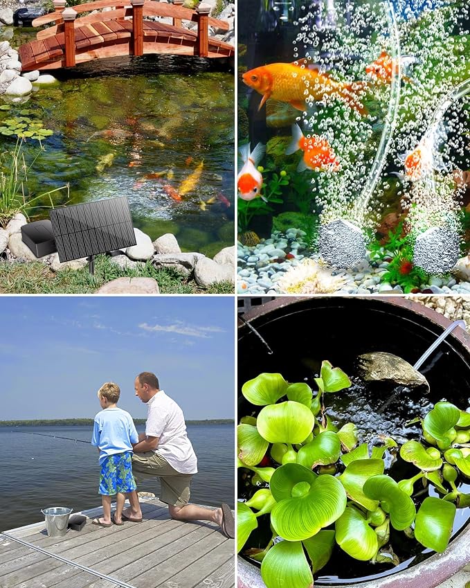 Biling 2W Solar Pond Aerator with Battery Backup, Air Hose, Air Stones, 3 Working Modes for Outdoor Fish Pond Stock Tank Aquarium