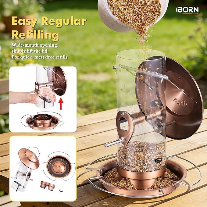 iBorn Bird Feeder Squirrel-Chew Proof Metal Hanging Birds Feeder Bird Feeders for Outdoors Hanging Outside for Cardinal, 3 Perches with 2 Feeding Ports, Brushed Copper (Seed is not Included)
