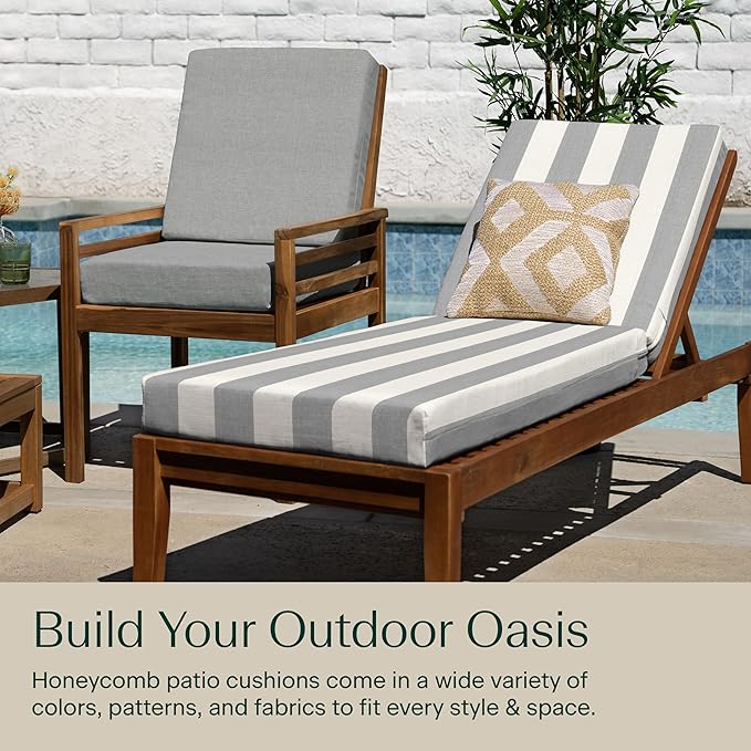 Honeycomb Outdoor Chaise Lounge Cushion for Patio Furniture, Water & Fade Resistant, Removable Cover, 21.5 x 70, Heritage Cabana Stripe Stone Grey