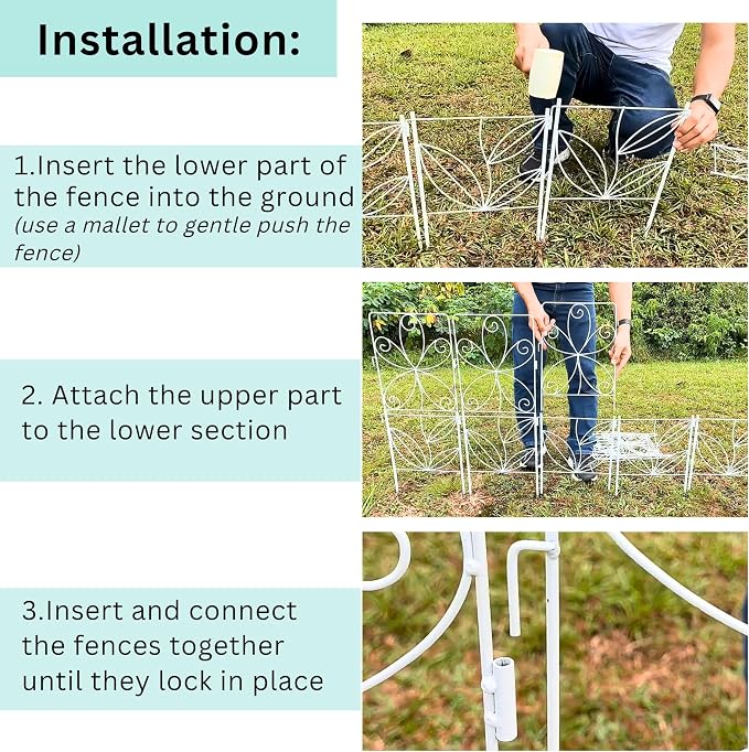 ShopLaLa Garden Fence (10 Panels) 12.5in(L) x 31in(H) Rustproof White Metal Wire Decorative Floral Flower Bed Edging for Landscape, Animal Barrier Fencing Small Dog Yard Gate Fences Tall Outdoor Decor