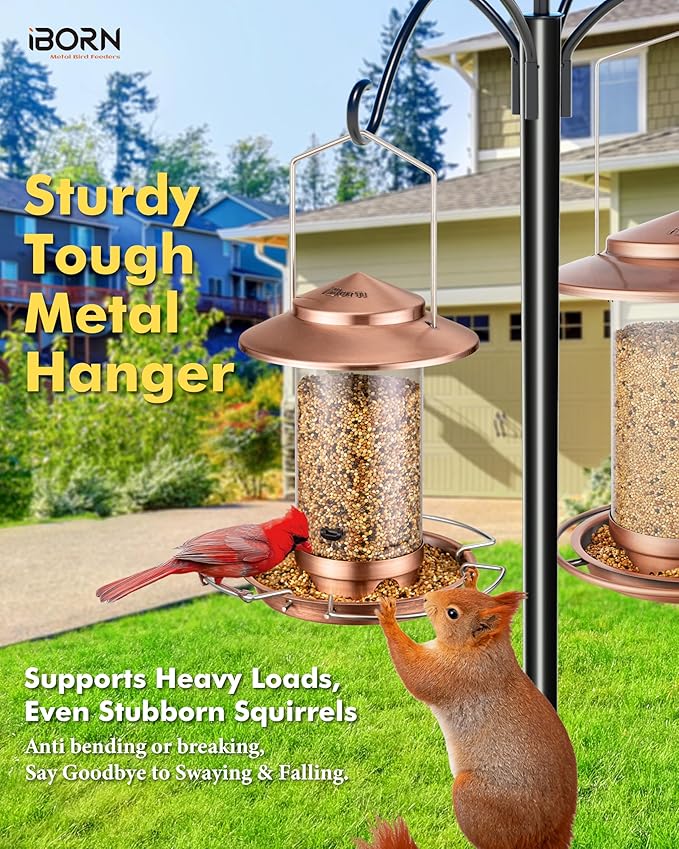 iBorn Bird Feeder Metal Squirrel Chew-Proof Bird Feeders for Outdoors Hanging Outside for Cardinal, Holds 1.5LB Seed with 3 Perchs, Brushed Copper (Seed is not Included)