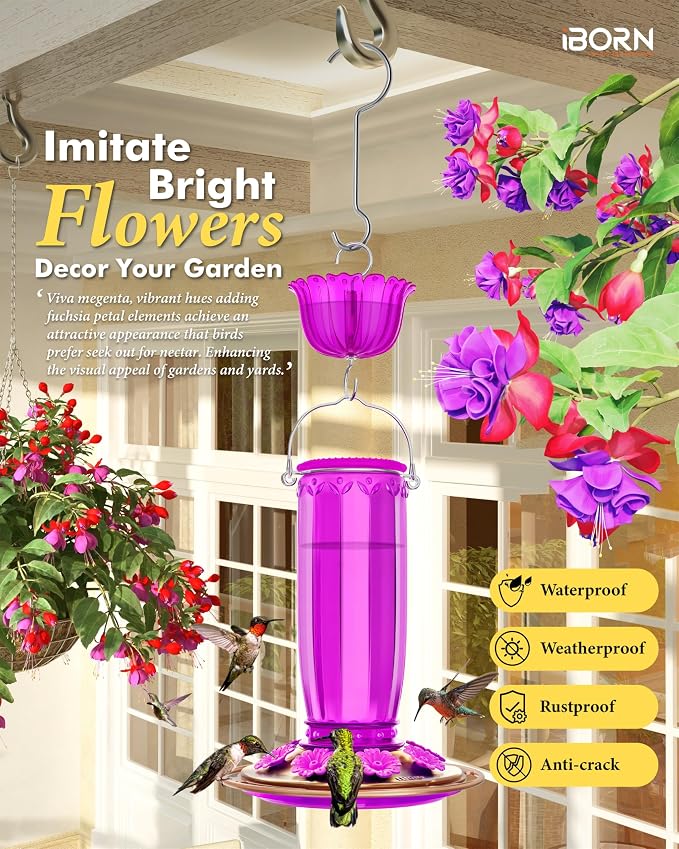 iBorn Hummingbird Feeders for Outdoors Hanging with Ant Moat for Hummingbird Feeder Glass 8 Ports for 16oz Hummingbird Nectar,Fuchsia Magenta, Copper Brush Cover,Pack of 1
