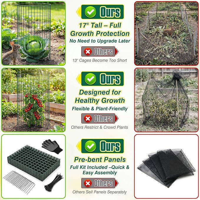 12 Pack 17" x 12" Tall Round Plant Cage - 36PCS Plant Support Cage Metal Wire Mesh Plant Protector for Outdoor Gardening Supplies Garden Protection Rabbits Chickens Ducks for Vegetables Flowers Shrubs