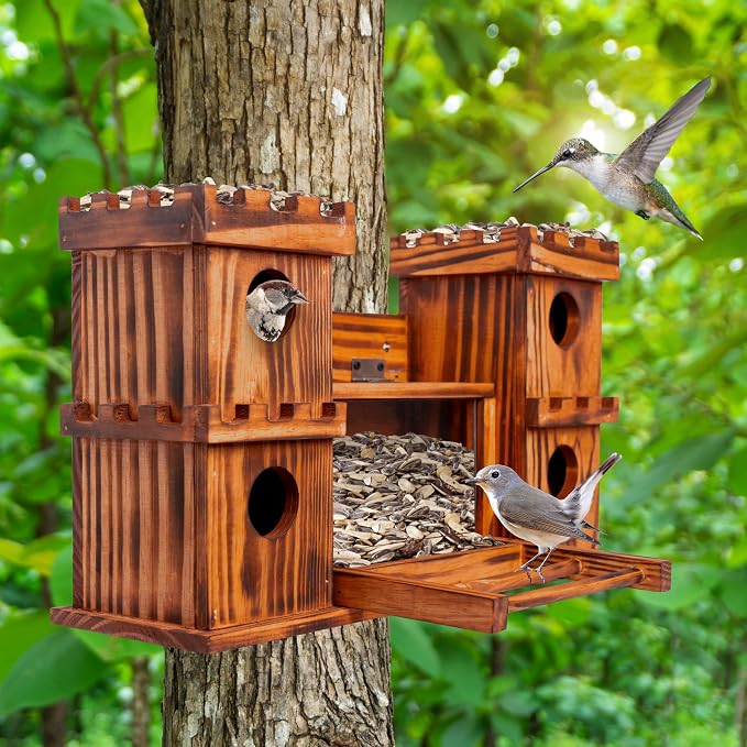 MIXUMON Castle-Style 4 Room Wooden Birdhouse with Large Center Feeder, Outdoor Multi-Room Bird House for Garden & Backyard, 1.57" Entrance Hole, Easy-Clean Access Doors, Twin Tower Decorative Design