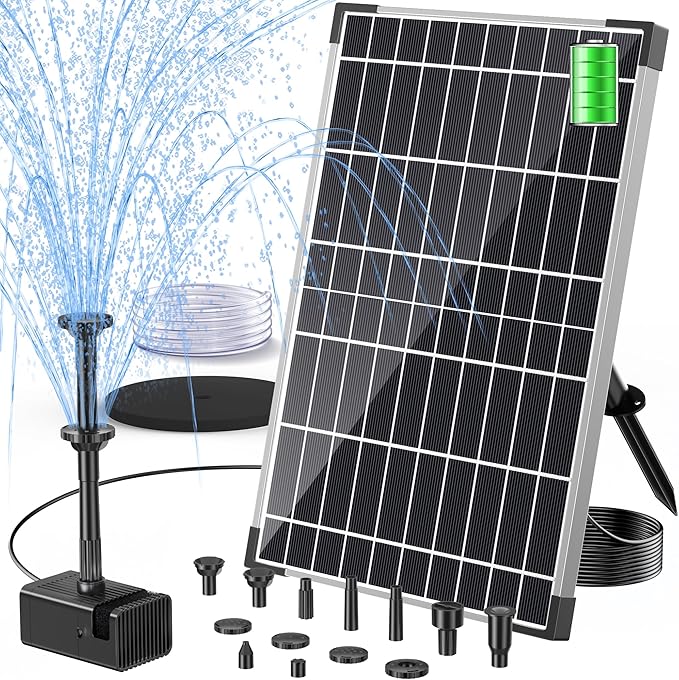POPOSOAP Solar Fountain Pump, 12W Solar Water Pump Kit with 4400mAh Battery Backup Work All Day, 8 Nozzles & PVC Tubing, Solar Pond Pump for Bird Bath Garden Pond Fish Tank P112D
