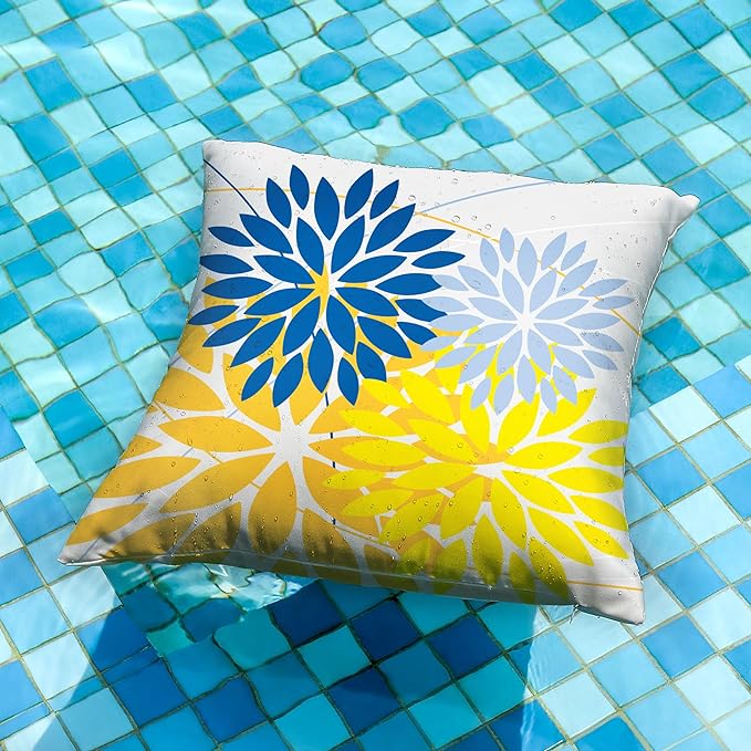 DFXSZ Outdoor Pillow Covers 20x20 Inch Set of 2 Yellow Blue Flower Decorative Waterproof Spring Summer Outdoor Pillow Covers for Patio Funiture Garden Couch 168E20