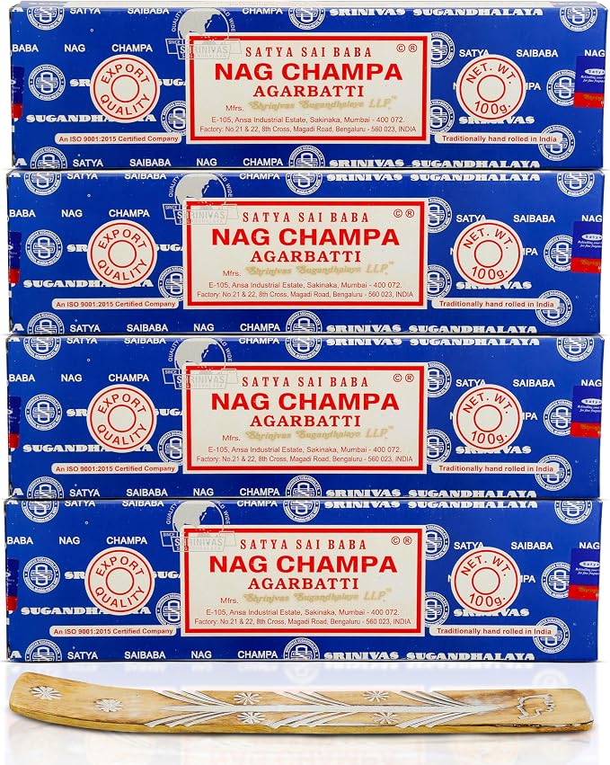 Satya Nag Champa Incense Sticks 100 gmx 4 Pack (400 GMS), Satya Insenses with Raajsee insence Holder Bundle, Nag Champa Natural Incence