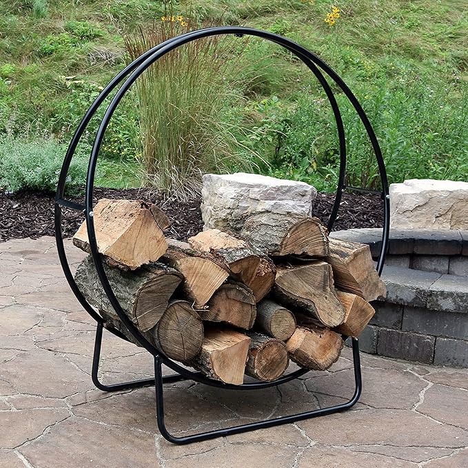Sunnydaze 48-Inch Outdoor Firewood Rack Hoop - Indoor Round Tubular Steel Fireplace Wood Holder - 700-lb Capacity