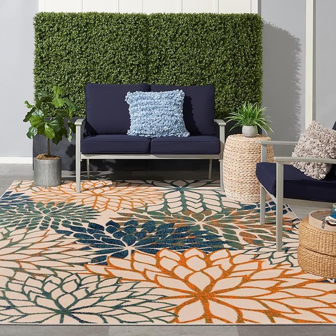 Nourison Home Aloha Indoor/Outdoor Blue Green 12' x 15' Area Rug, Easy Cleaning, Non Shedding, Bed Room, Living Room, Dining Room, Backyard, Deck, Patio (12x15)