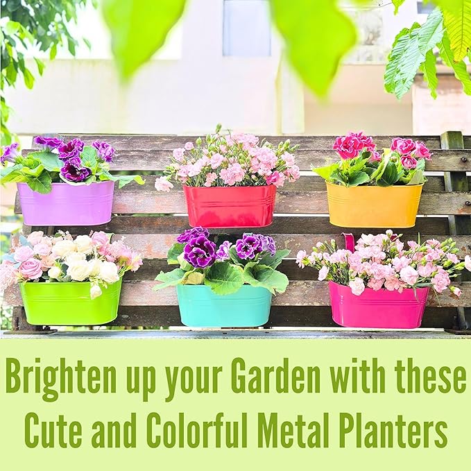 LaLaGreen Rail Planter (17 Inch, 6 Pack) Colorful Outdoor Hanging Flower Metal Planters Railing Fence Balcony Gardening for Apartment Patio Modern Garden Style Iron Deck Decoration Porch Decor Pots