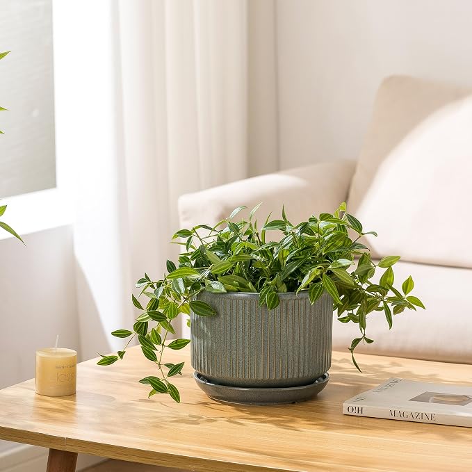 SURE YUESI Ceramic Plant Pots Set of 3, Indoor Outdoor Planters with Drainage Hole and Saucer, Ceramic Flower Pots for Indoor Plants, 4.3+5.5+6.8 Inch, Home, Garden, Patio and Office, Matte Green