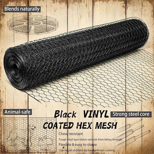 Black 19GA Chicken Wire 24inx150ft, Chicken Wire Fencing, Chicken Fence, PVC Coated Chicken Wire, PVC Coated Wire Mesh for Animal/Rabbit/Floral/Chicken Coop/DIY Projects.