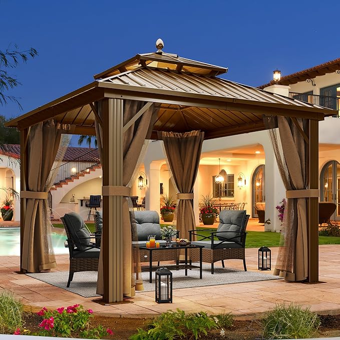 YITAHOME 10x10ft Hardtop Gazebo with Nettings and Curtains, Heavy Duty Double Roof Galvanized Steel Outdoor Combined of Horizontal Vertical Stripes Roof for Patio, Backyard, Deck, Lawn (Bronze)