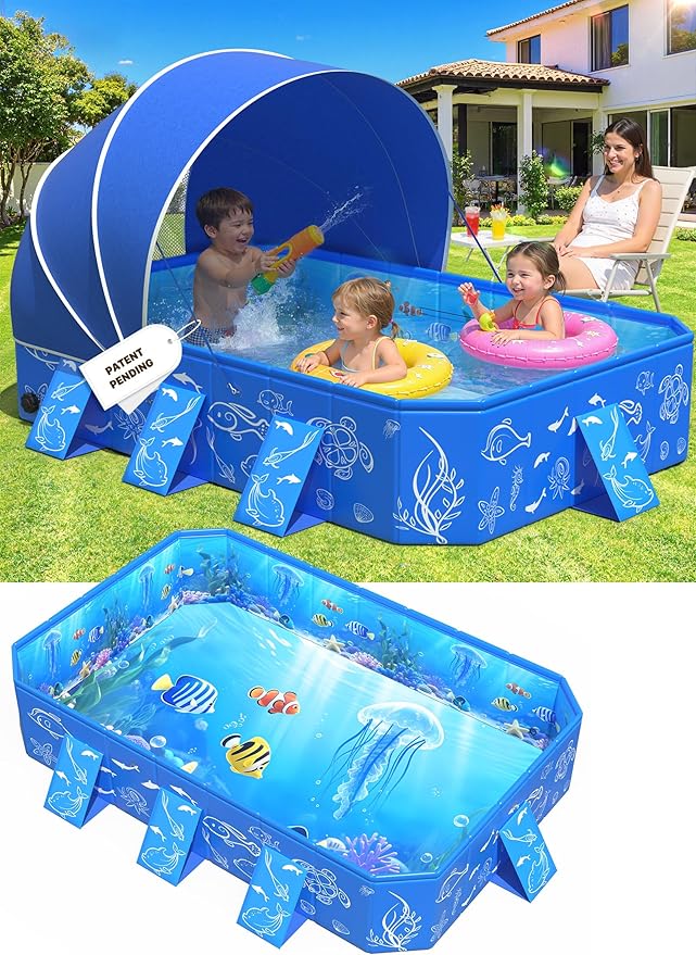 2026 Kiddie Pool with Canopy,Baby Swimming Pool for Toddler,Non-Inflatable Portable Pool for Kids,Foldable Toddler Pool with Shade,Kiddie Pool for Backyard,Pop Up Baby Beach Pool 53''×40''×33''