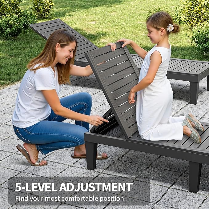 Outdoor Chaise Lounges Set of 2, NUNU LAB 5-Position Adjustable Patio Recliners with All-Weather Resin, Sun Loungers for Deck, Garden, Beach, Pool Sunbathing (Grain Black) (Black Wood Grain, Set of 2)