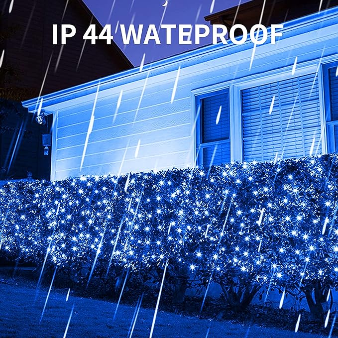 Dazzle Bright Christmas Net Lights, 360 LED 12FT x 5 FT Transparent Wire Waterproof Connectable String Lights with 8 Modes Christmas Decoration Outdoor Lights for Bushes Garden Party Holiday (Blue)