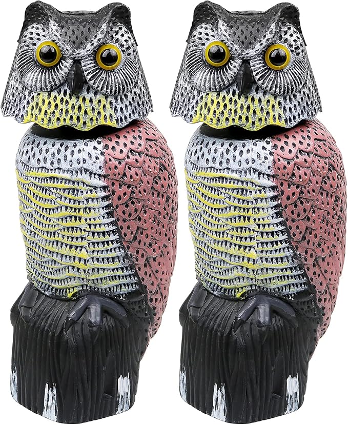 Owl Decoy to Scare Birds Away Scarecrow Fake Owl with Rotating Head 12 inch Tall (Set of 2)