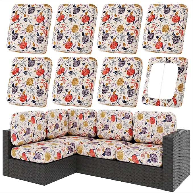 hyha 8Pcs Patio Cushion Covers, Stretch Outdoor Couch Cushion Covers, Washable Outdoor Chair/Sofa Slipcovers for Patio Furniture Cushions Protector with Elastic Bottom(Flower Vine,Cover Only)