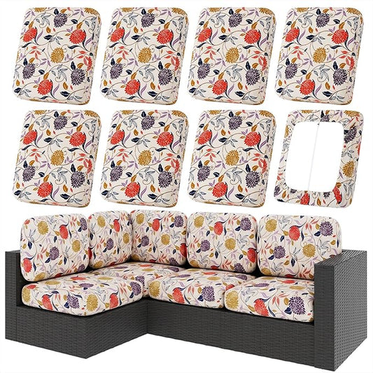 hyha 8Pcs Patio Cushion Covers, Stretch Outdoor Couch Cushion Covers, Washable Outdoor Chair/Sofa Slipcovers for Patio Furniture Cushions Protector with Elastic Bottom(Flower Vine,Cover Only)