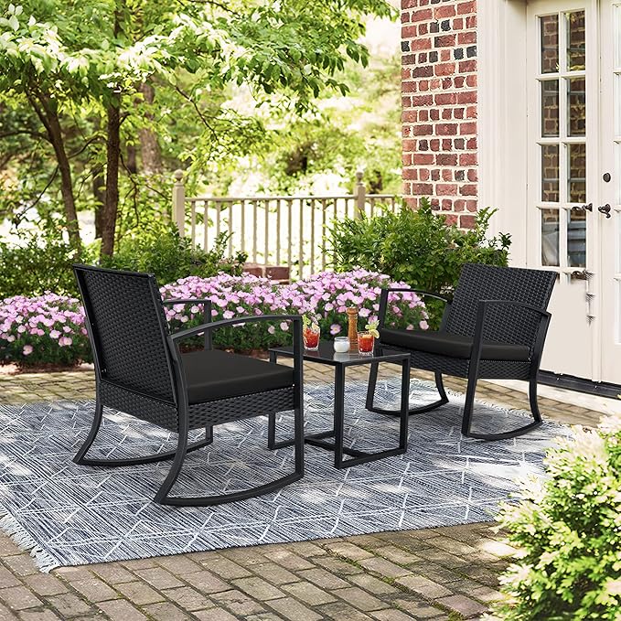 Greesum 3 Pieces Outdoor Furniture Set Patio Bistro Rocking Chairs with Glass Coffee Table for Pool Beach Backyard Balcony Porch Deck Garden, Dark Black
