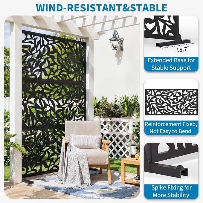 Garvee 72" H x 47" W Outdoor Metal Privacy Screen, Freestanding Laser Cut Decorative Fence Panel with Stand, Weatherproof Galvanized Steel Privacy Screens, for Patio Garden Balcony Backyard, Black