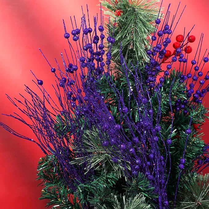 36 Pcs 17'' 15'' Christmas Artificial Glitter Berry Stems 4 Styles Xmas Decorative Tree Picks Branches Large Glittery Twigs for Christmas Tree Xmas Wreath Vase Filler(Purple)