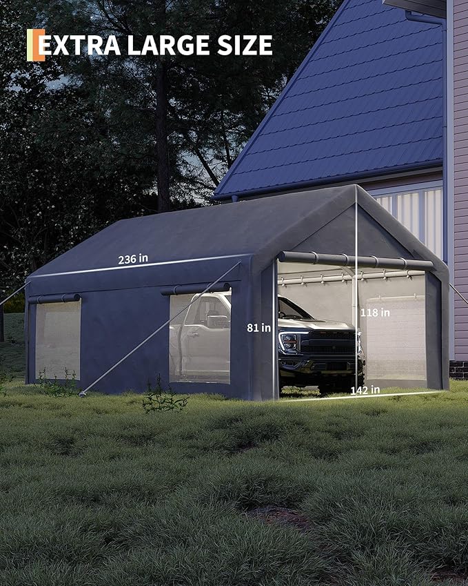 12x20 ft Portable Garage, Heavy Duty Carport with 200g PE Canopy, Roll-Up Doors and 4 Mesh Windows, 21 & 18 Galvanized Steel Frame, Outdoor Carport Shelter for Truck Boat SUV Tractor, Grey